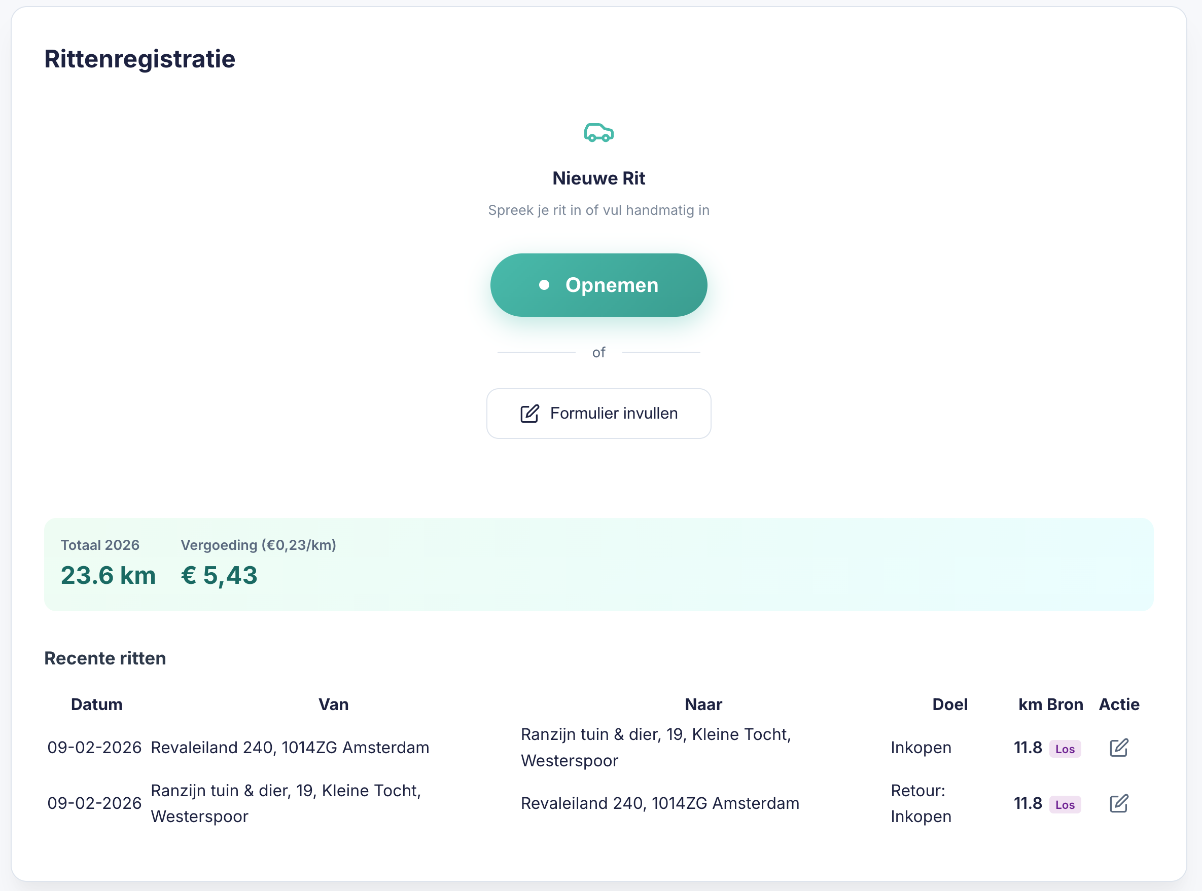 Rittenregistratie Screenshot