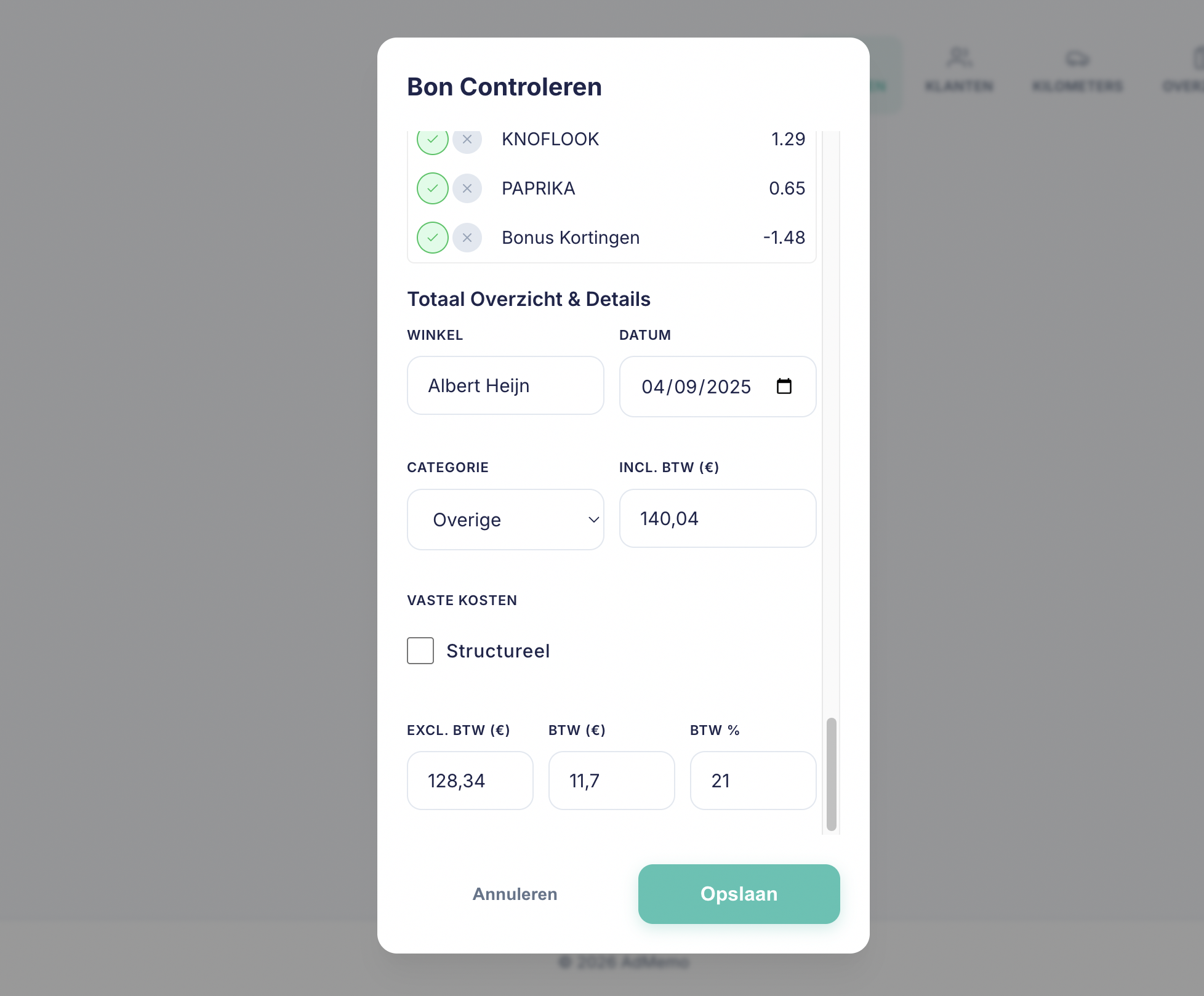 Bon controleren screenshot