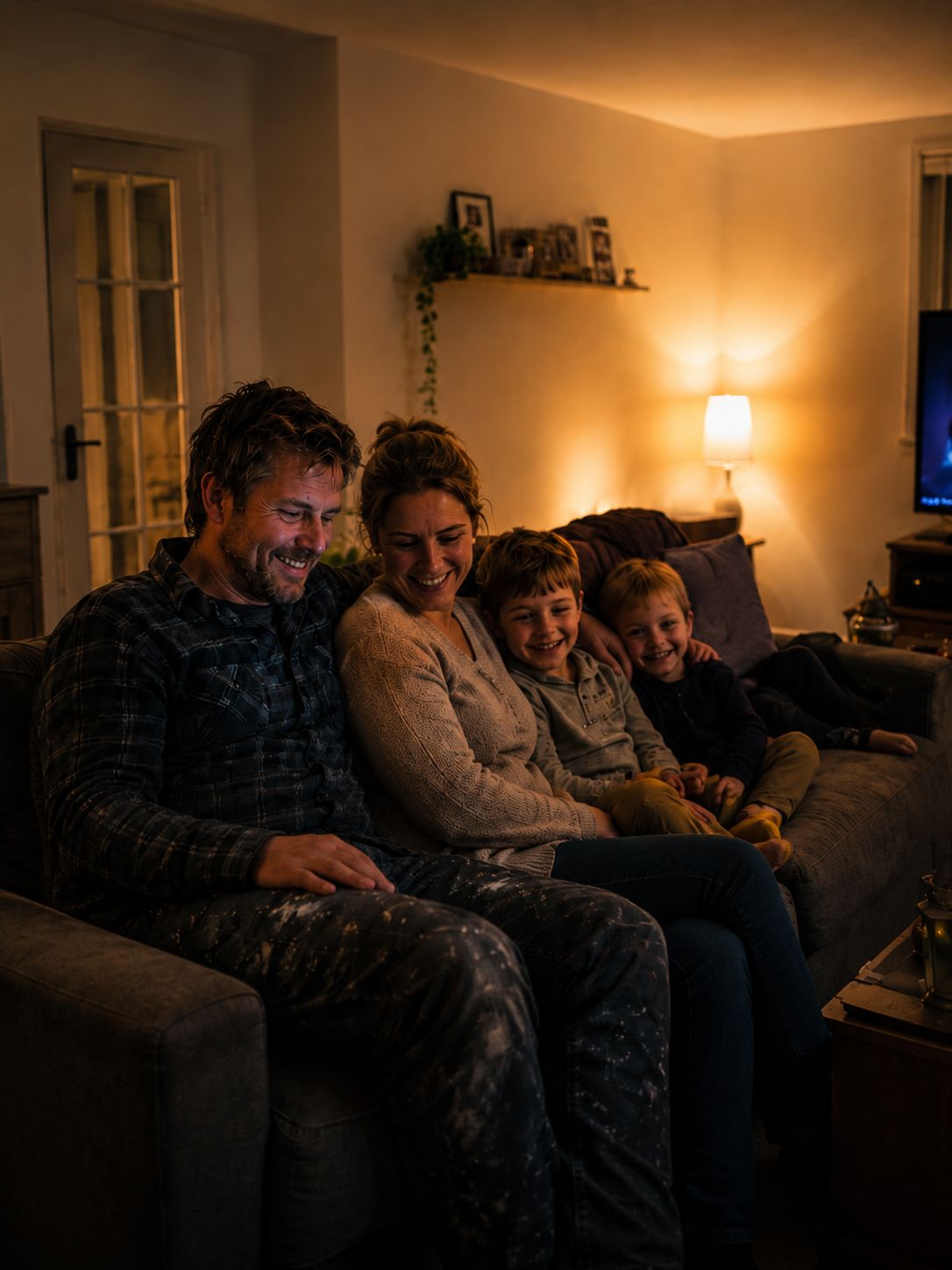 Vakman zit ontspannen met zijn gezin op de bank omdat de administratie al klaar is.