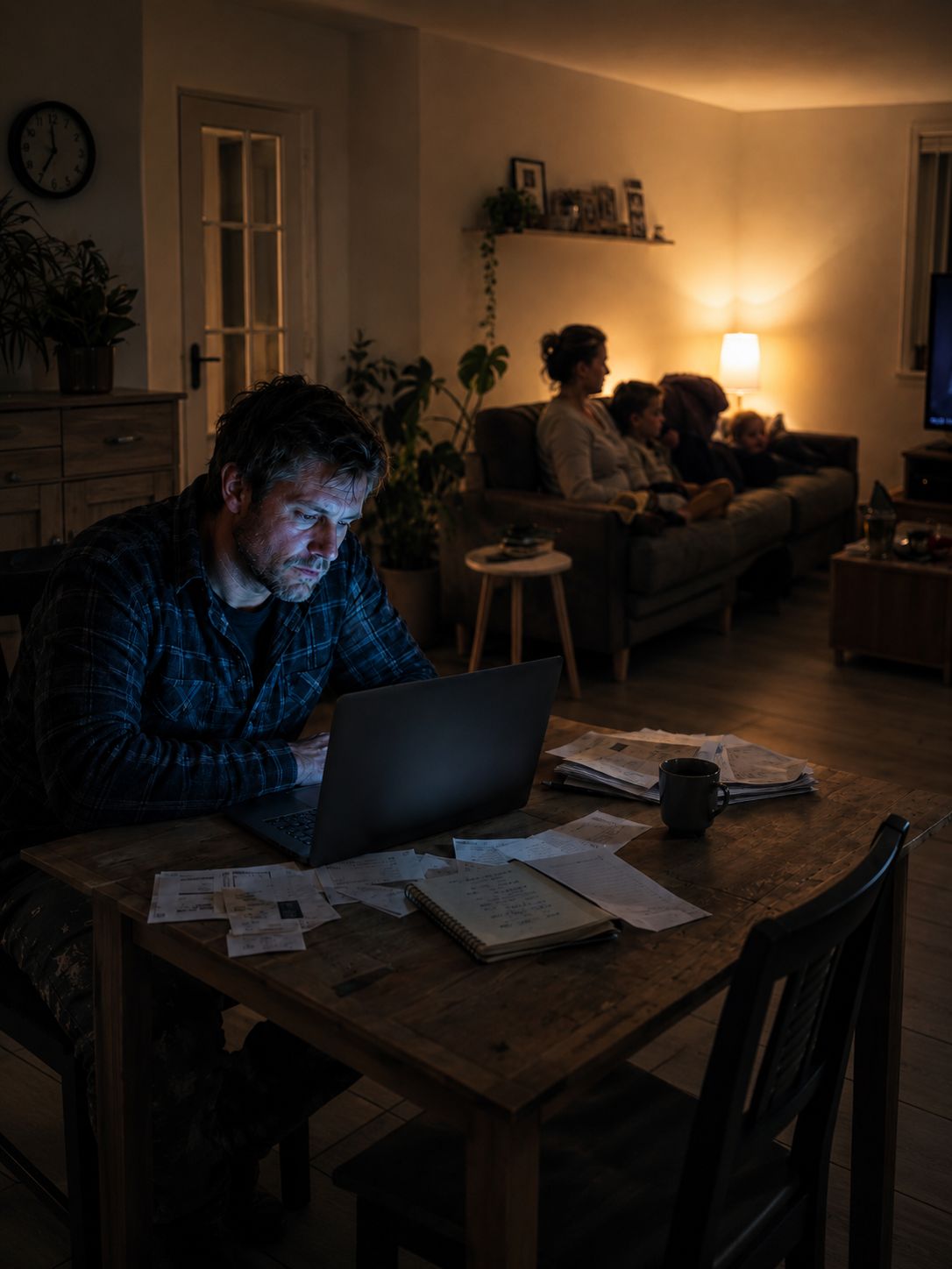 Vermoeide vakman doet 's avonds administratie aan de eettafel terwijl het gezin tv kijkt.