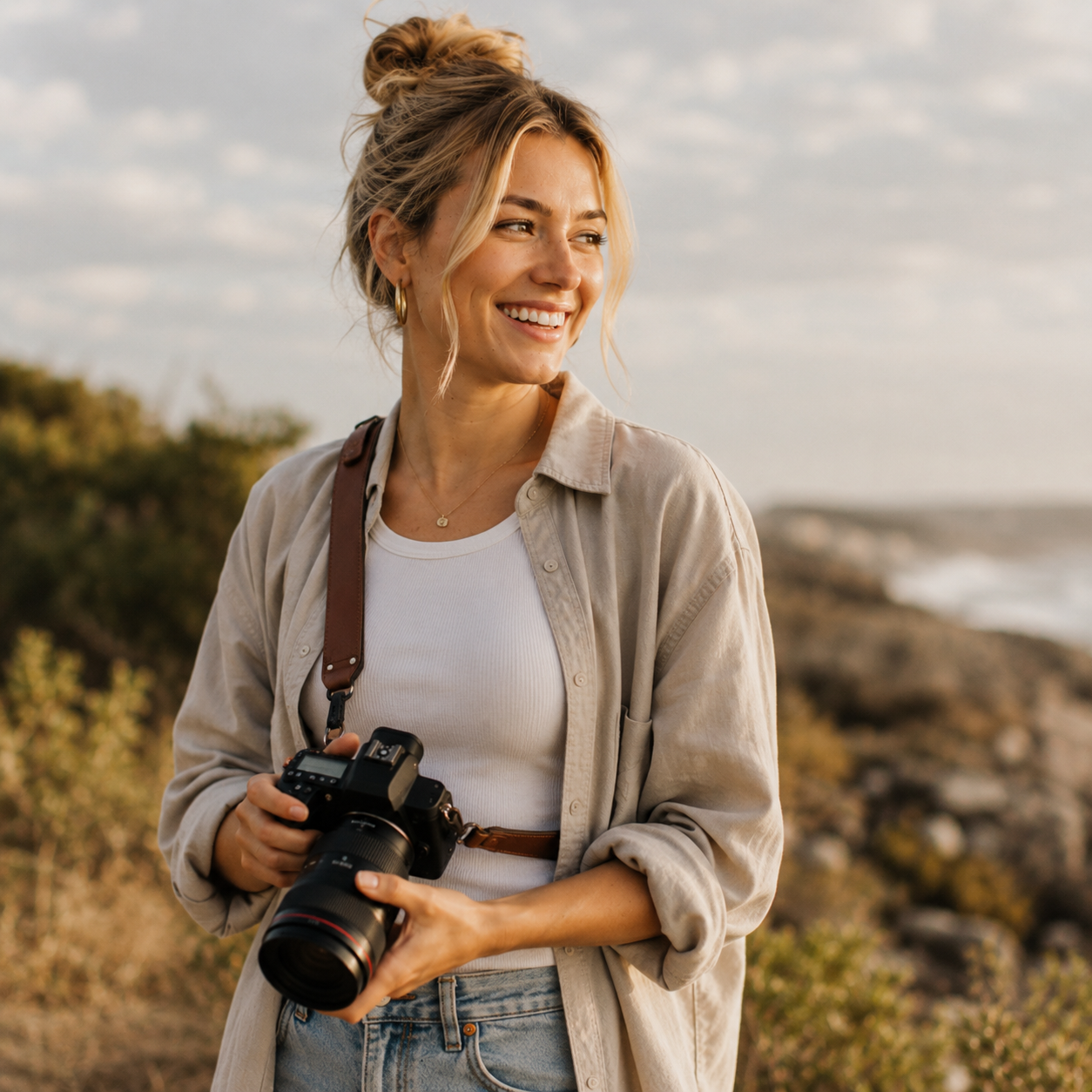 Creative professional met camera tijdens een opdracht.