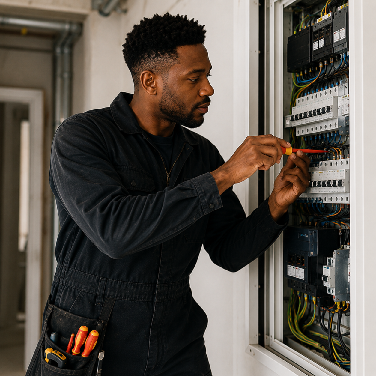 Vakman werkt aan een elektrische installatie op locatie