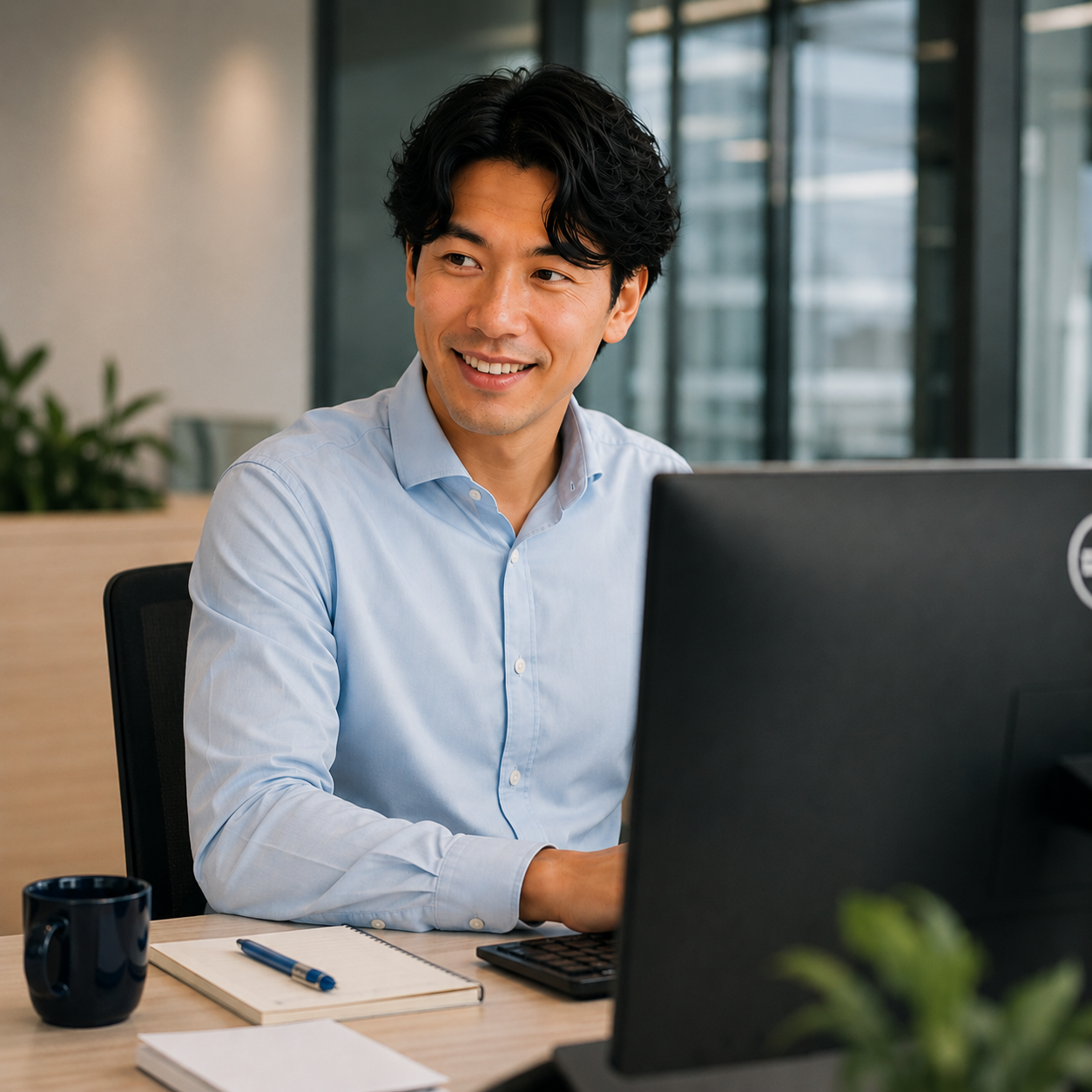 Zakelijke professional werkt aan zijn administratie achter een laptop.