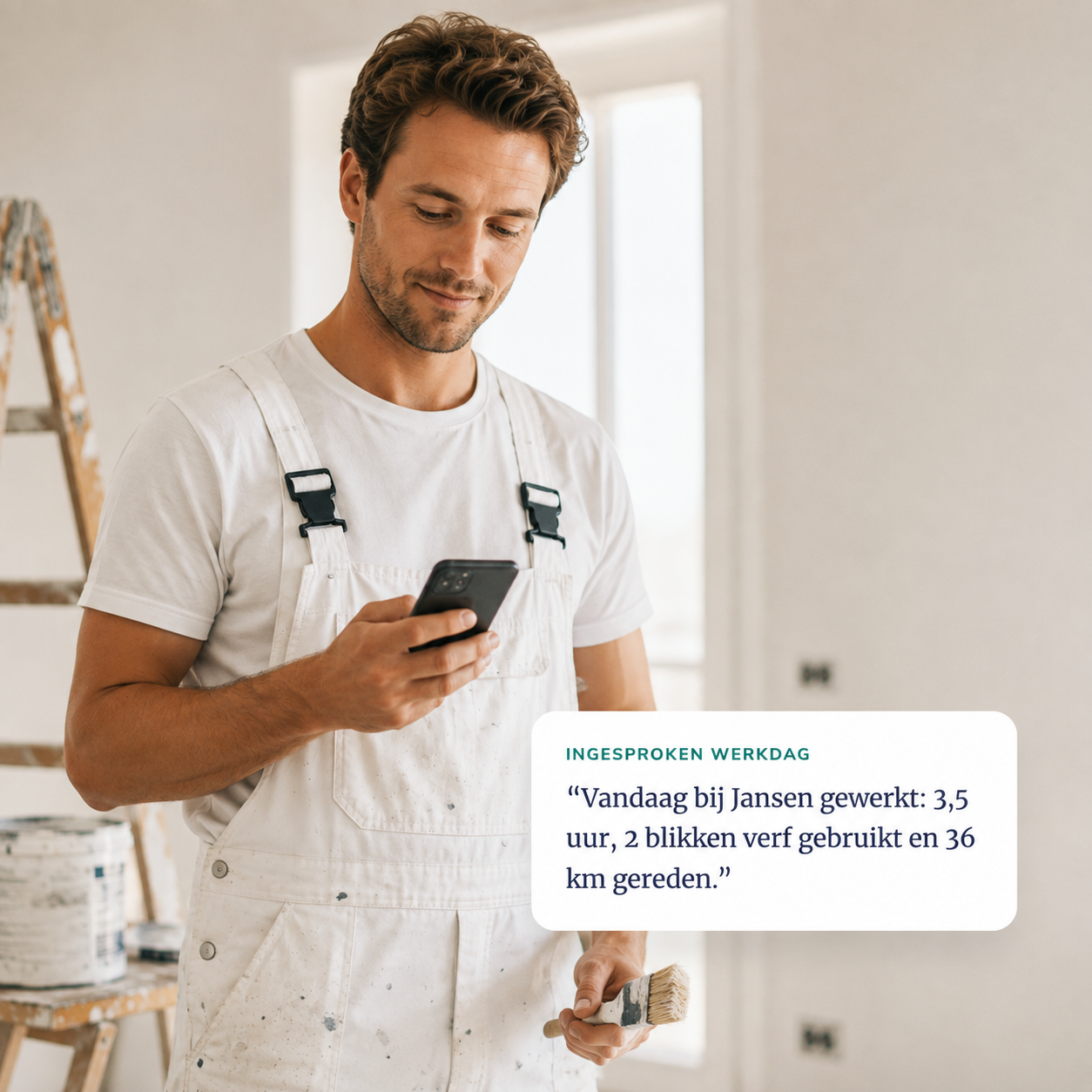 Vakman spreekt zijn werkdag in op zijn telefoon