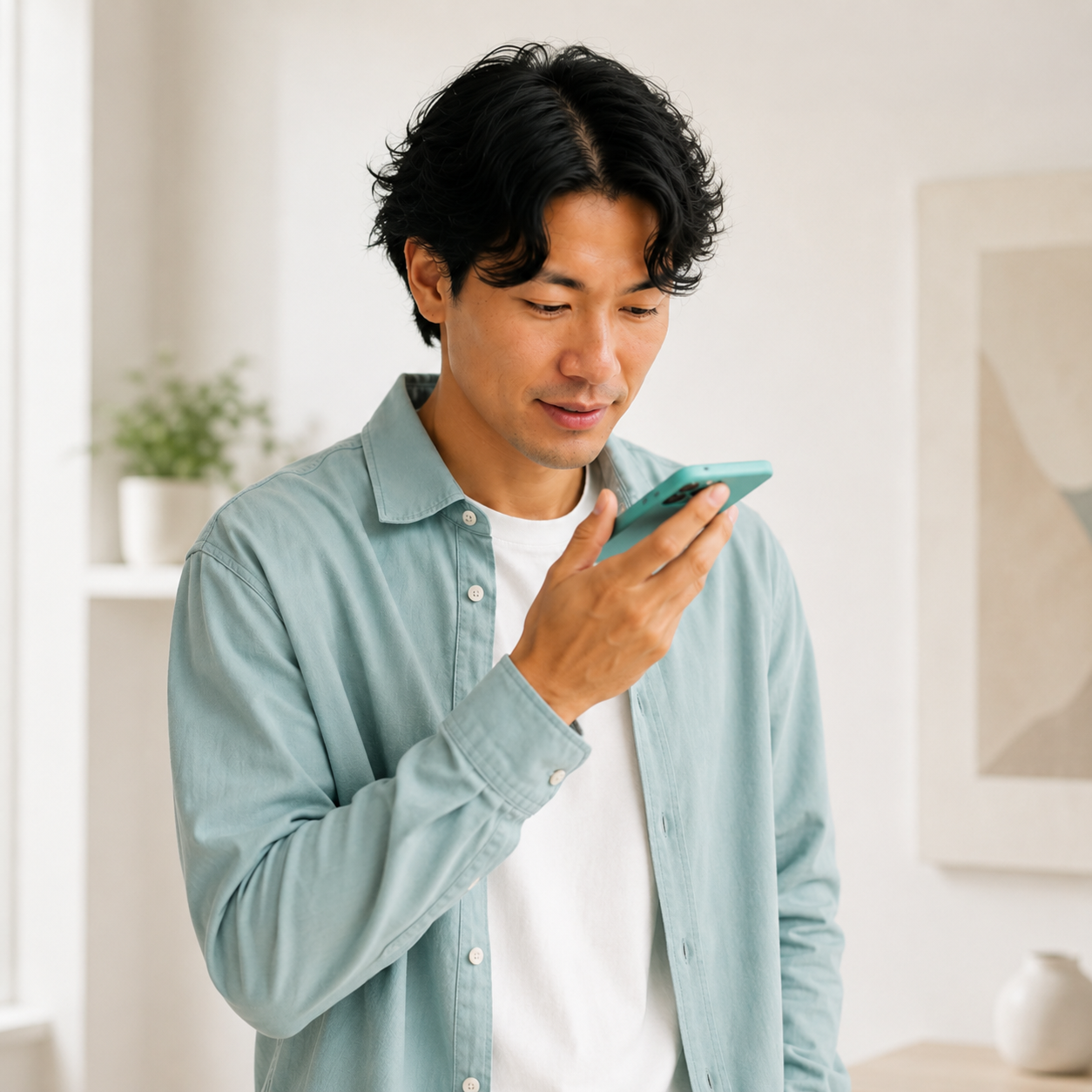 Zakelijke professional spreekt zijn werkdag in op zijn telefoon.