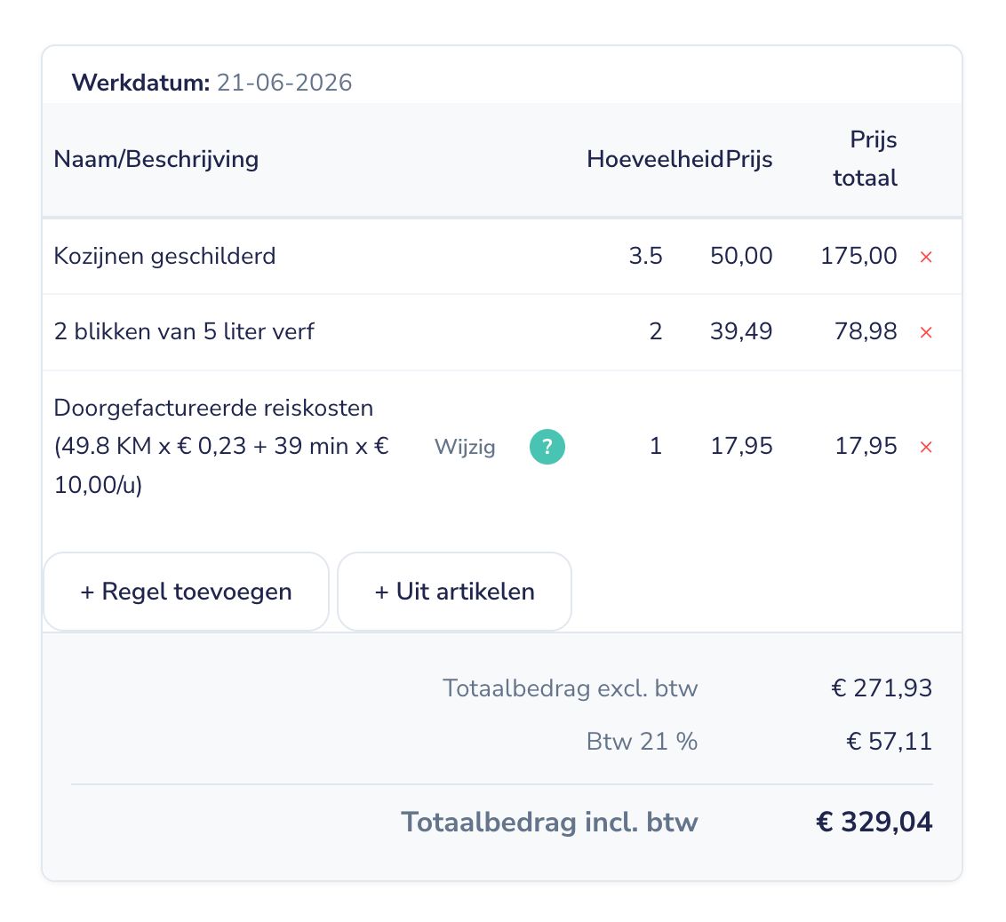 AdMemo zet uren, materiaal en reiskosten om in werkbonregels.